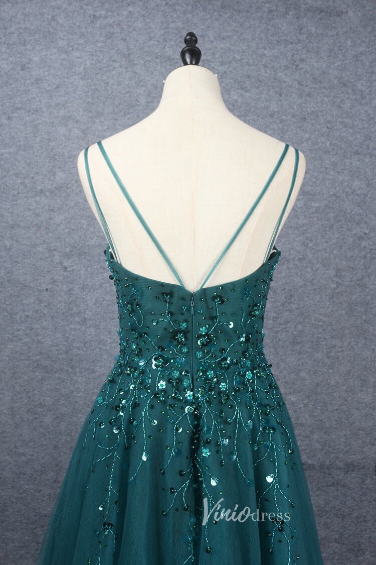 Beaded A-line Green Prom Dresses V-neck Evening Dress Spaghetti Strap 20064-Evening Dresses 2025 -Viniodress-Green-US 2-
