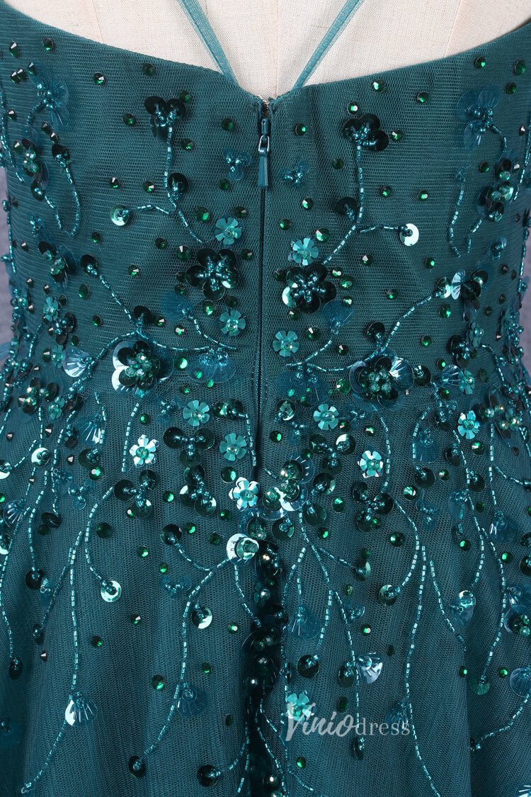 Beaded A-line Green Prom Dresses V-neck Evening Dress Spaghetti Strap 20064-Evening Dresses 2025 -Viniodress-Green-US 2-