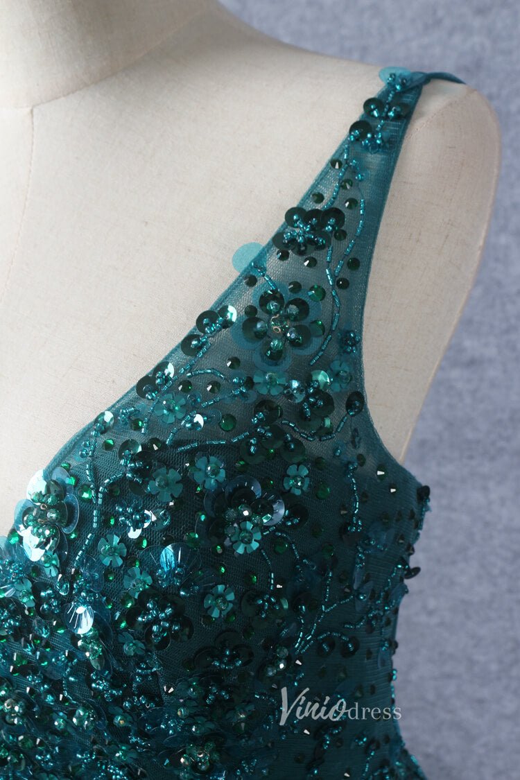Beaded A-line Green Prom Dresses V-neck Evening Dress Spaghetti Strap 20064-Evening Dresses 2025 -Viniodress-Green-US 2-