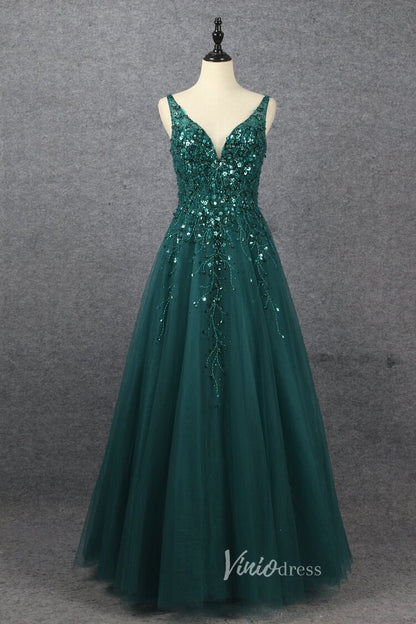 Beaded A-line Green Prom Dresses V-neck Evening Dress Spaghetti Strap 20064-Evening Dresses 2025 -Viniodress-Green-US 2-