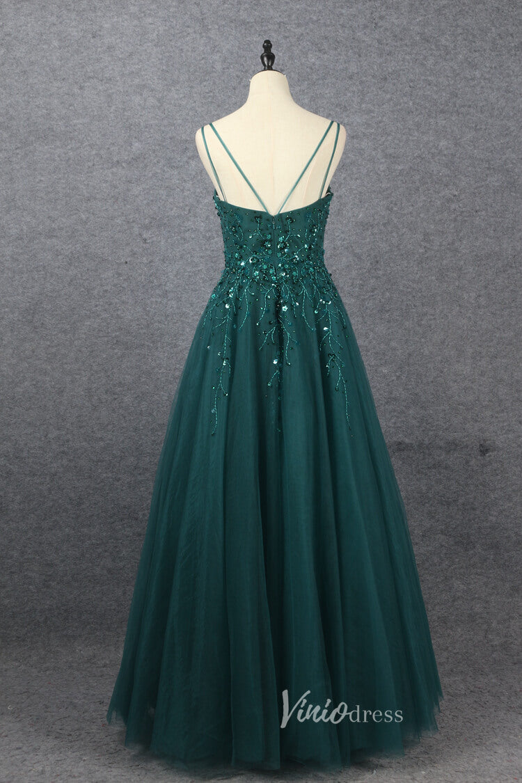 Prom Dress 2025 Beaded A-line Green Prom Dresses V-neck Evening Dress Spaghetti Strap 20064-unique prom dresses-Green-US 2-Viniodress