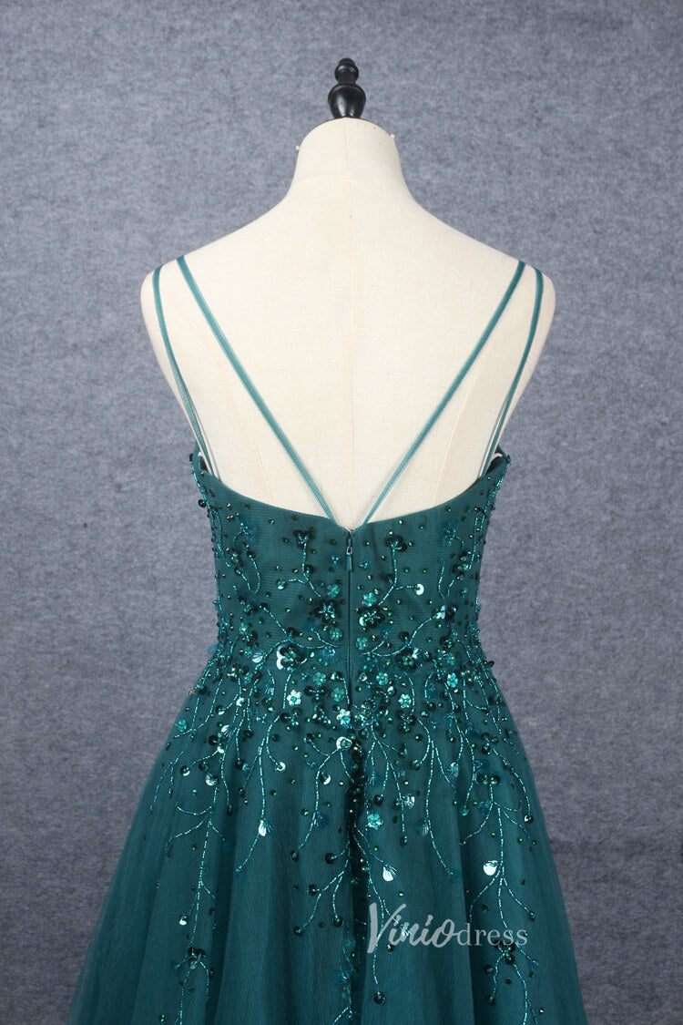 Prom Dress 2025 Beaded A-line Green Prom Dresses V-neck Evening Dress Spaghetti Strap 20064-unique prom dresses-Green-US 2-Viniodress