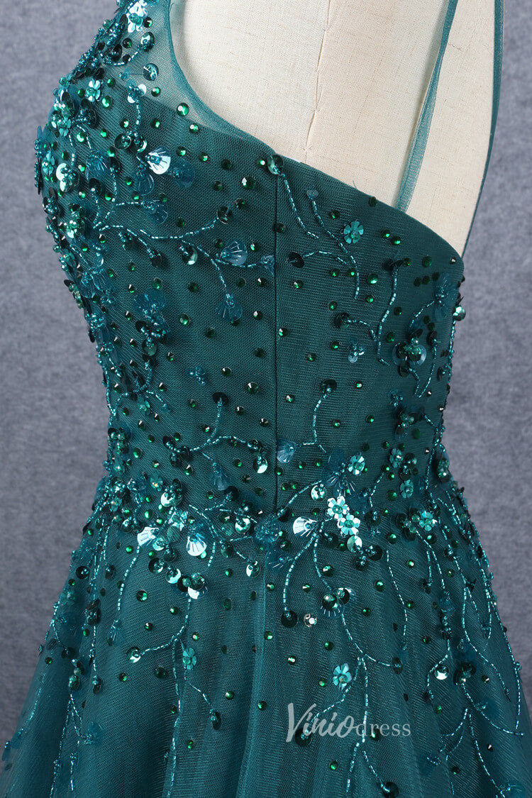 Prom Dress 2025 Beaded A-line Green Prom Dresses V-neck Evening Dress Spaghetti Strap 20064-unique prom dresses-Green-US 2-Viniodress