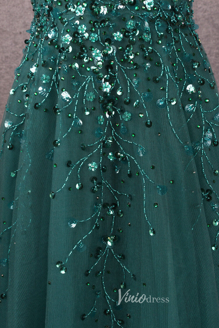 Prom Dress 2025 Beaded A-line Green Prom Dresses V-neck Evening Dress Spaghetti Strap 20064-unique prom dresses-Green-US 2-Viniodress