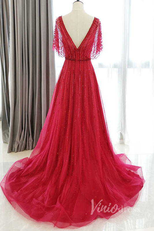 Prom Dress 2025 Beaded A-line Prom Dress V-neck Formal Evening Dress FD2470B-unique prom dresses-Red-US 2-Viniodress