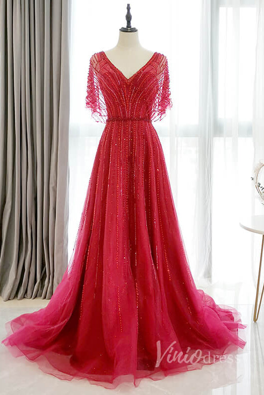 Prom Dress 2025 Beaded A-line Prom Dress V-neck Formal Evening Dress FD2470B-unique prom dresses-Red-US 2-Viniodress