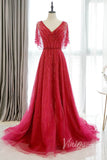 Prom Dress 2025 Beaded A-line Prom Dress V-neck Formal Evening Dress FD2470B-unique prom dresses-Red-US 2-Viniodress