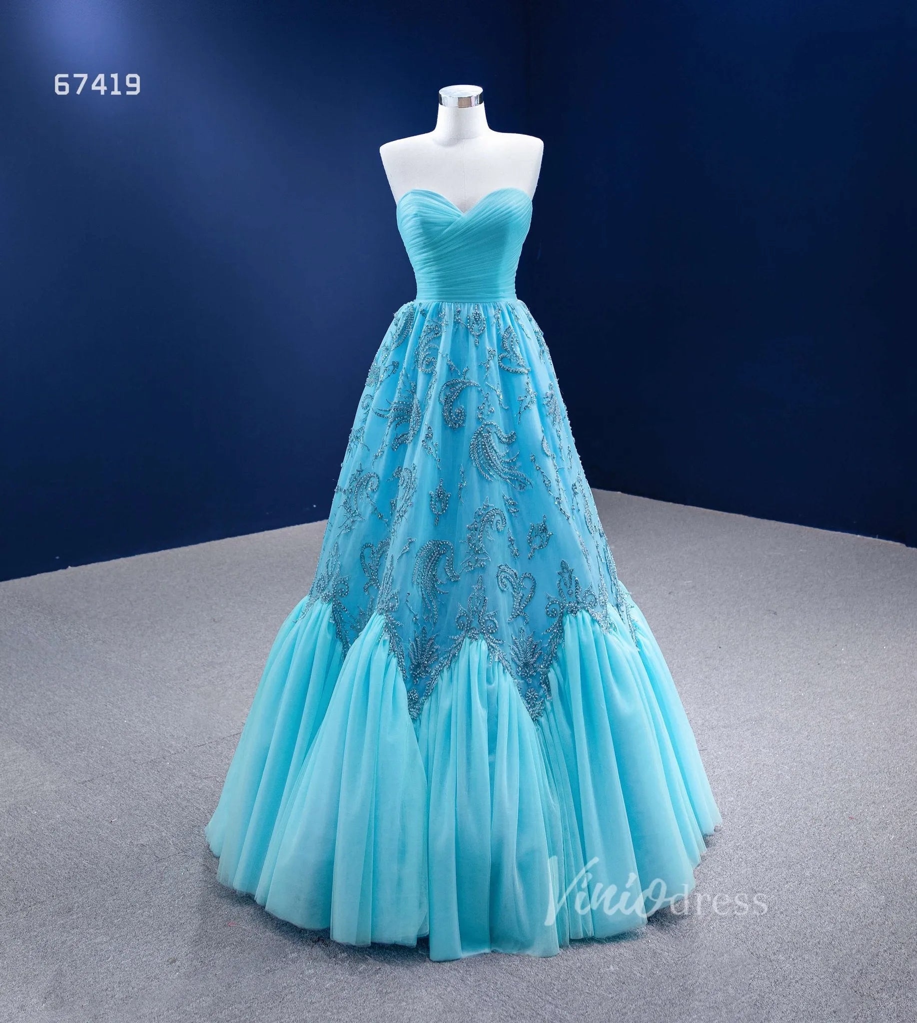 Beaded Aqua Blue Pageant Gown Ruffled Tulle Prom Dress 2022 67419-prom dresses 2025 -Viniodress-Aqua-Custom Size-