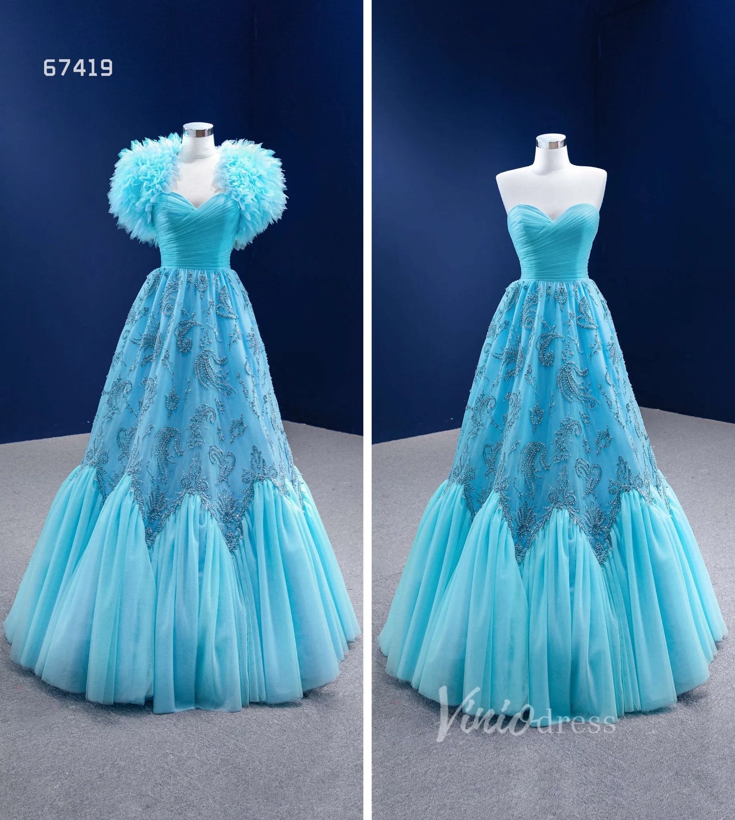 Beaded Aqua Blue Pageant Gown Ruffled Tulle Prom Dress 2022 67419-prom dresses 2025 -Viniodress-Aqua-Custom Size-