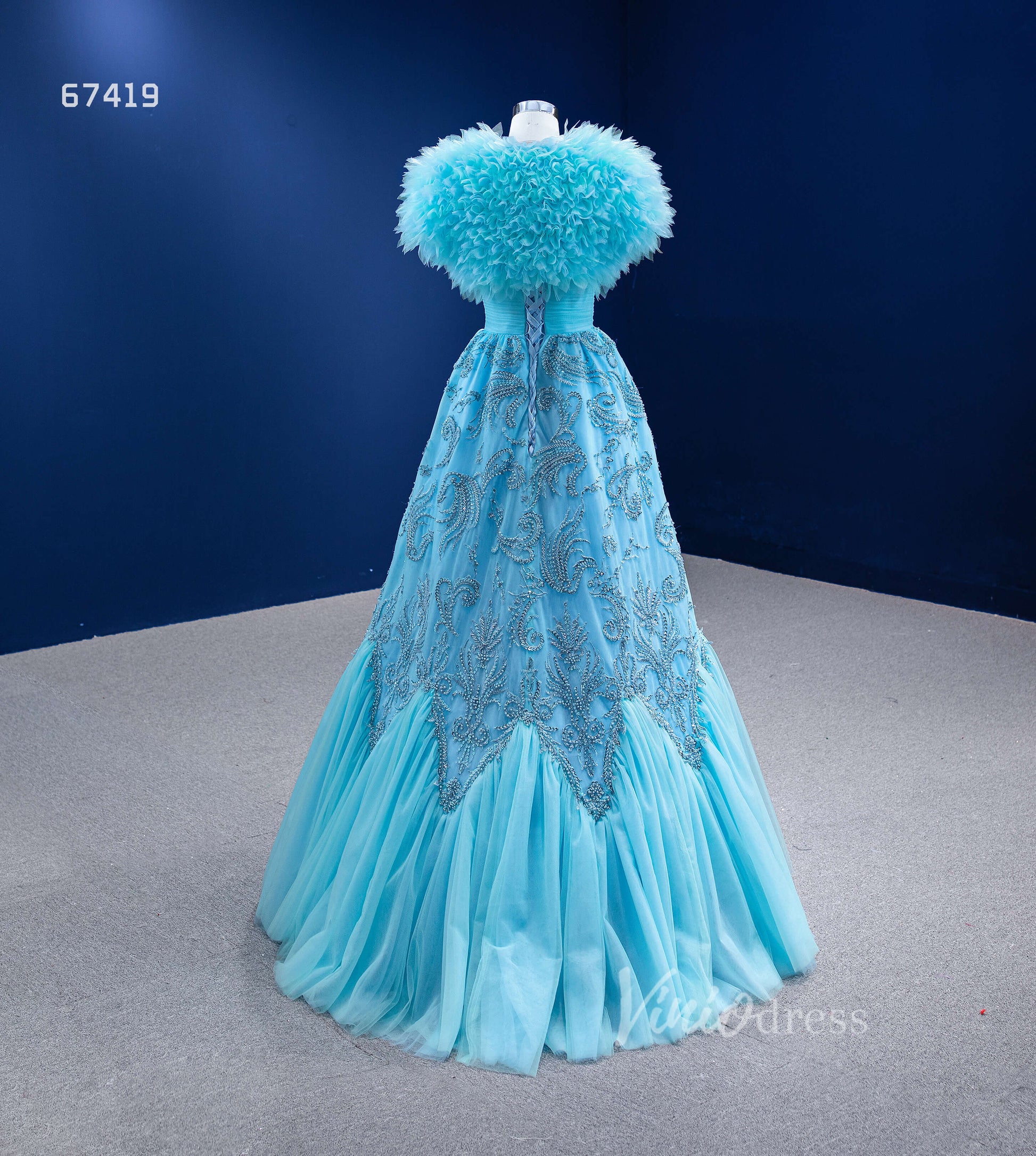 Prom Dress 2025 Beaded Aqua Blue Pageant Gown Ruffled Tulle Prom Dress 2022 67419-unique prom dresses-Aqua-Custom Size-Viniodress