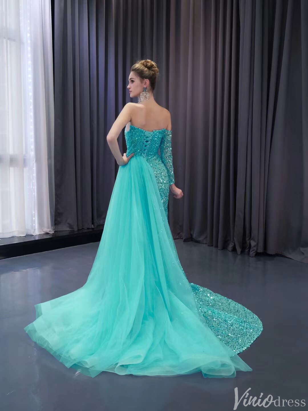 Beaded Aqua Blue Wedding Dresses Mermaid Overskirt Prom Dress with Sli Viniodress Beaded Aqua Blue Wedding Dresses Mermaid Overskirt Prom Dress with Sli Viniodress