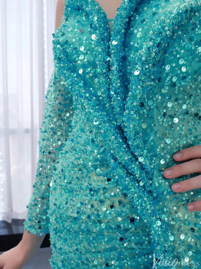 Beaded Aqua Blue Wedding Dresses Mermaid Overskirt Prom Dress with Slit 241073-Evening Dresses 2025 -Viniodress-Aqua-Custom Size-