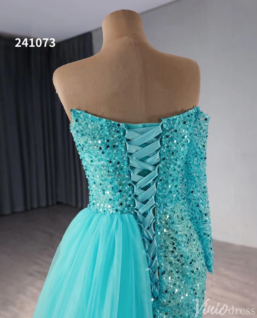 Beaded Aqua Blue Wedding Dresses Mermaid Overskirt Prom Dress with Sli Viniodress Beaded Aqua Blue Wedding Dresses Mermaid Overskirt Prom Dress with Sli Viniodress