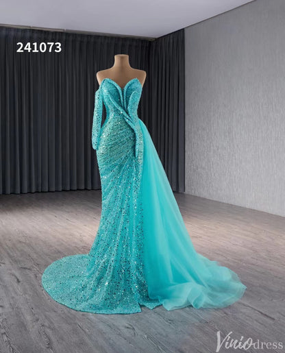 Beaded Aqua Blue Wedding Dresses Mermaid Overskirt Prom Dress with Slit 241073-Evening Dresses 2025 -Viniodress-Aqua-Custom Size-
