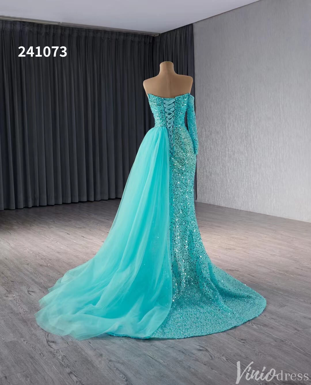 Beaded Aqua Blue Wedding Dresses Mermaid Overskirt Prom Dress with Slit 241073-Evening Dresses 2025 -Viniodress-Aqua-Custom Size-