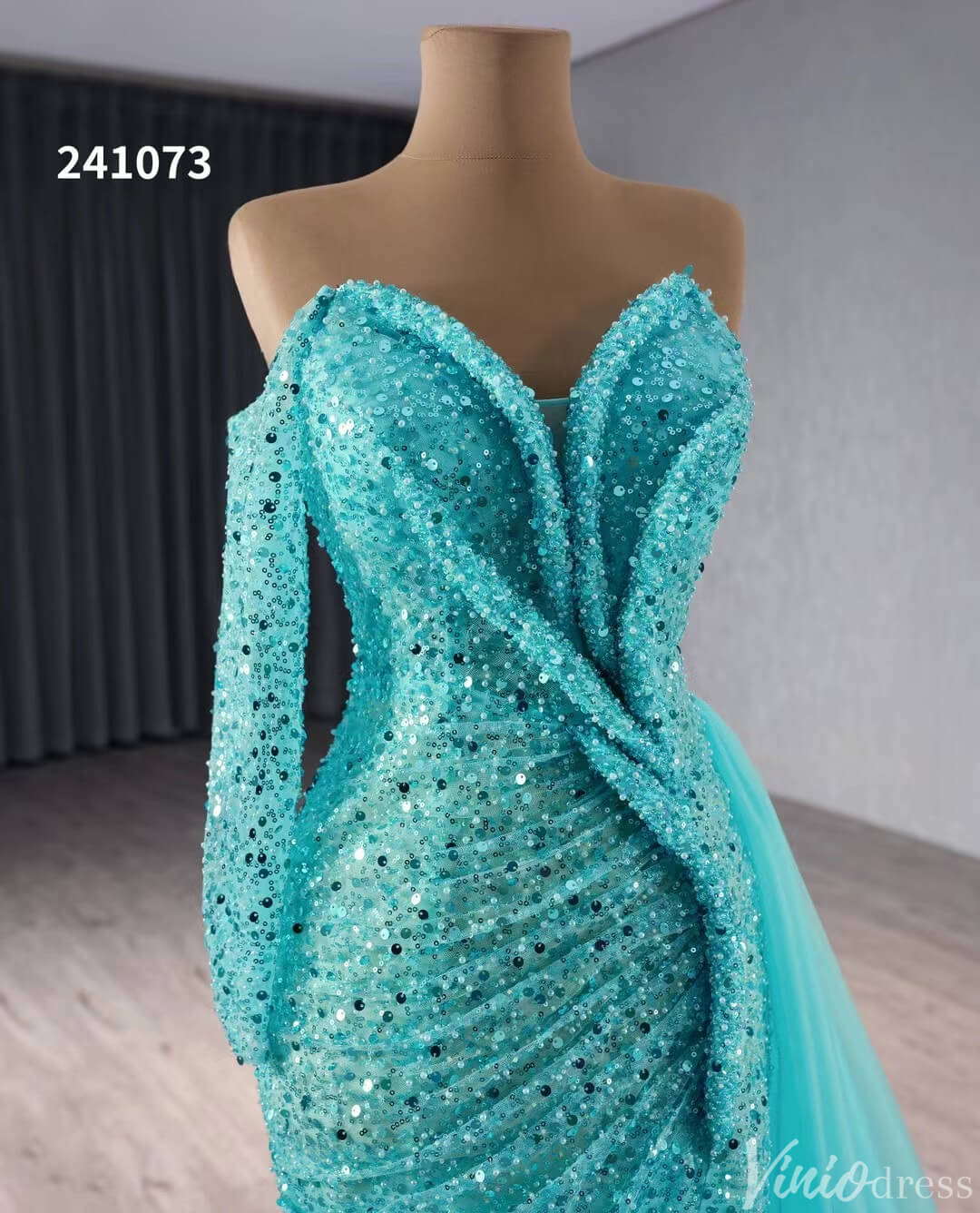 Beaded Aqua Blue Wedding Dresses Mermaid Overskirt Prom Dress with Slit 241073-Evening Dresses 2025 -Viniodress-Aqua-Custom Size-