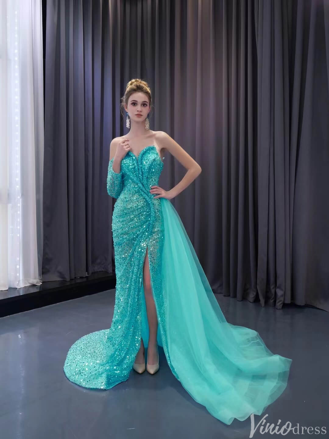 Beaded Aqua Blue Wedding Dresses Mermaid Overskirt Prom Dress with Slit 241073-Prom Dresses-Viniodress-Viniodress