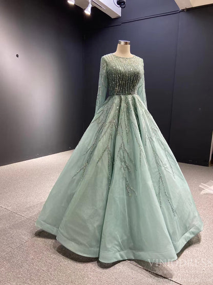 Beaded Baby Blue A-line Prom Dresses with Sleeves 67395 viniodress-prom dresses 2025 -Viniodress-Light Blue-Custom Size-