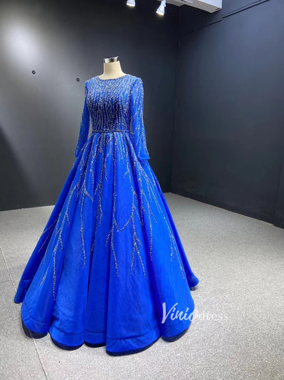 Beaded Baby Blue A-line Prom Dresses with Sleeves 67395 viniodress-prom dresses 2025 -Viniodress-Light Blue-Custom Size-