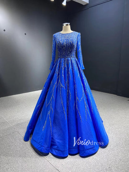 Beaded Baby Blue A-line Prom Dresses with Sleeves 67395 viniodress-prom dresses 2025 -Viniodress-Light Blue-Custom Size-