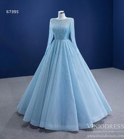 Beaded Baby Blue A-line Prom Dresses with Sleeves 67395 viniodress-prom dresses 2025 -Viniodress-Light Blue-Custom Size-