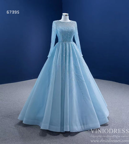 Beaded Baby Blue A-line Prom Dresses with Sleeves 67395 viniodress-prom dresses 2025 -Viniodress-Light Blue-Custom Size-