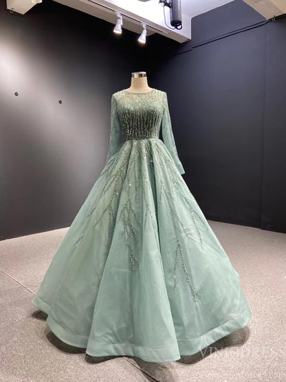 Beaded Baby Blue A-line Prom Dresses with Sleeves 67395 viniodress-prom dresses 2025 -Viniodress-Sage-Custom Size-