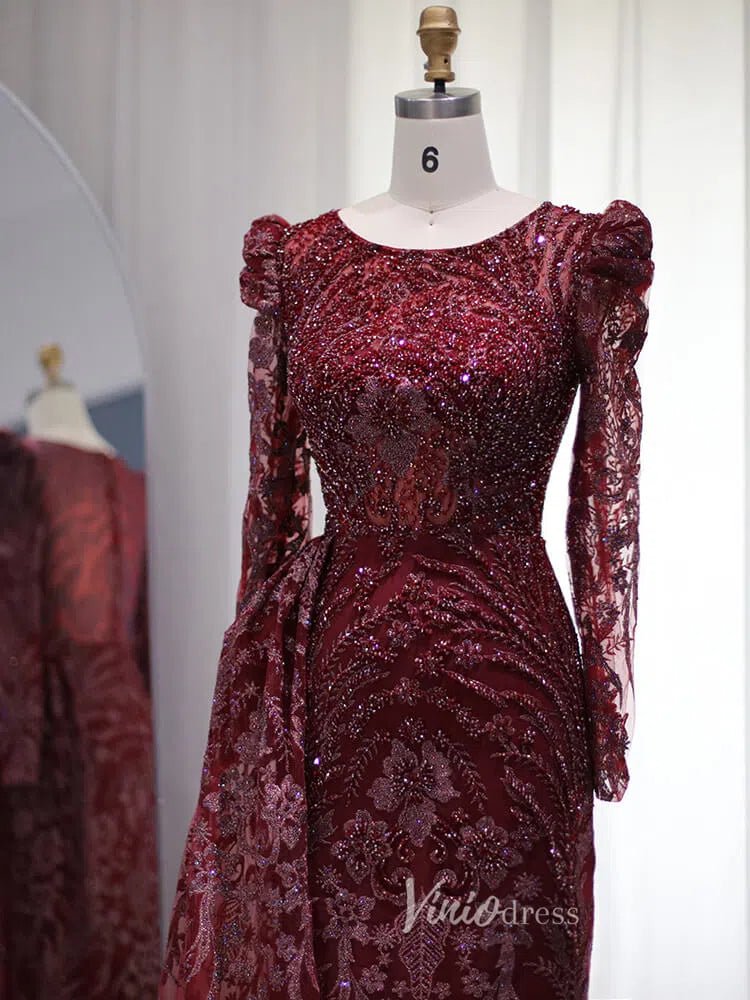 Beaded Black Lace Evening Dress Long Sleeve Mother of the Bride Dresses 20087-Evening Dresses 2025 -Viniodress-Black-US 2-