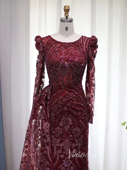 Beaded Black Lace Evening Dress Long Sleeve Mother of the Bride Dresses 20087-Evening Dresses 2025 -Viniodress-Black-US 2-