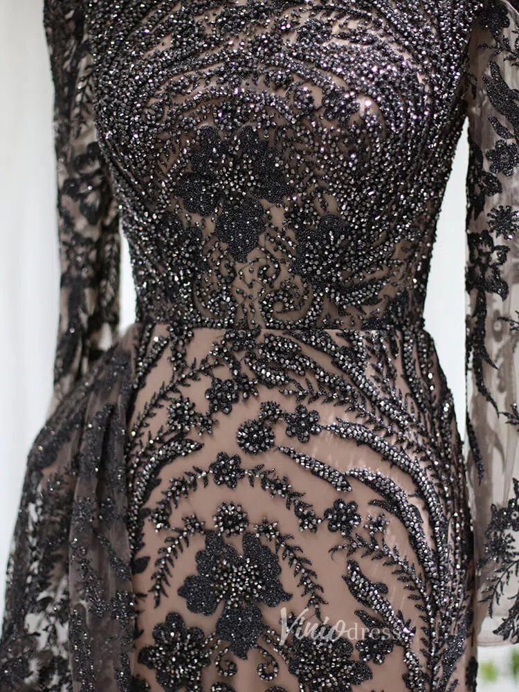 Beaded Black Lace Evening Dress Long Sleeve Mother of the Bride Dresses 20087-Evening Dresses 2025 -Viniodress-Black-US 2-