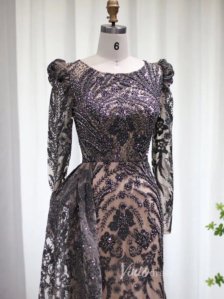 Beaded Black Lace Evening Dress Long Sleeve Mother of the Bride Dresses 20087-Evening Dresses 2025 -Viniodress-Black-US 2-