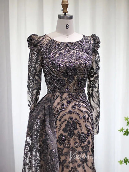 Beaded Black Lace Evening Dress Long Sleeve Mother of the Bride Dresses 20087-Evening Dresses 2025 -Viniodress-Black-US 2-
