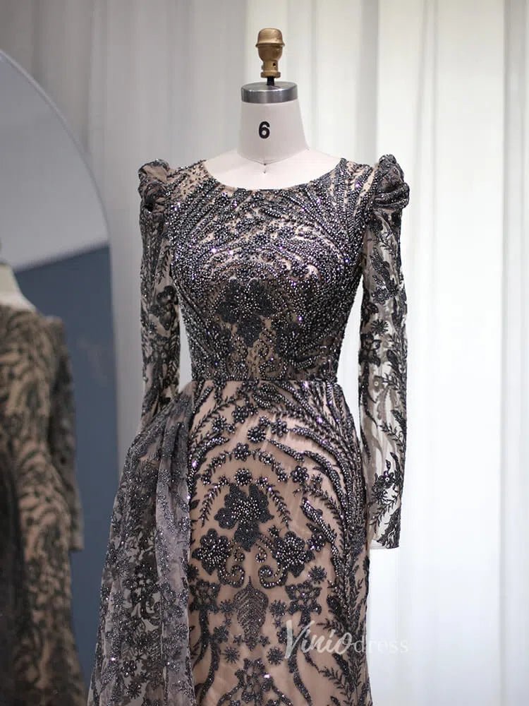 Beaded Black Lace Evening Dress Long Sleeve Mother of the Bride Dresses 20087-Evening Dresses 2025 -Viniodress-Black-US 2-