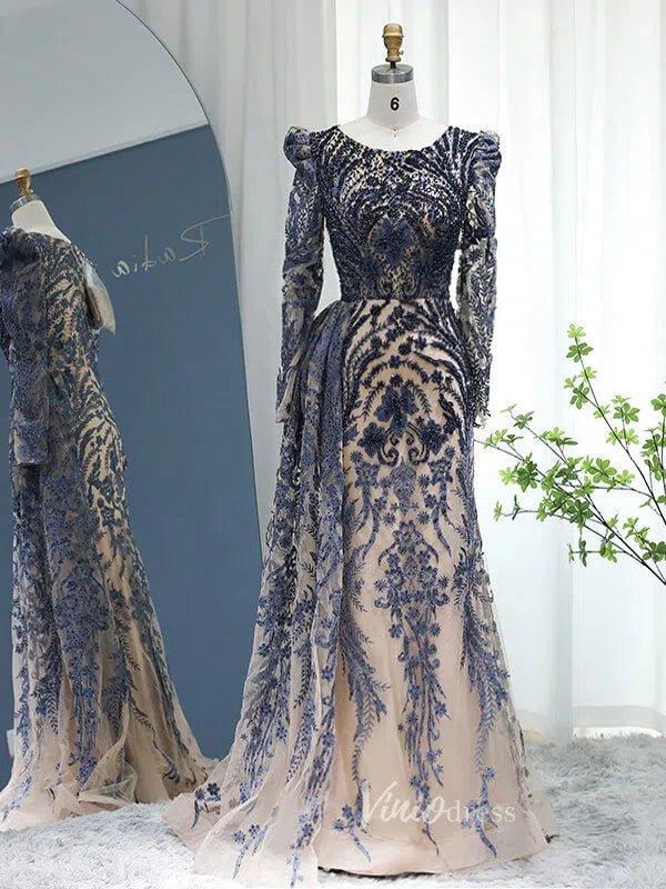 Beaded Black Lace Evening Dress Long Sleeve Mother of the Bride Dresses 20087-Evening Dresses 2025 -Viniodress-Navy Blue-US 2-