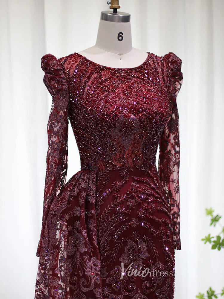 Prom Dress 2025 Beaded Black Lace Evening Dress Long Sleeve Mother of the Bride Dresses 20087-unique prom dresses-Black-US 2-Viniodress