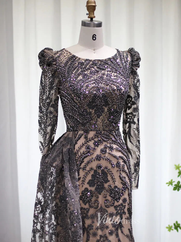 Prom Dress 2025 Beaded Black Lace Evening Dress Long Sleeve Mother of the Bride Dresses 20087-unique prom dresses-Black-US 2-Viniodress