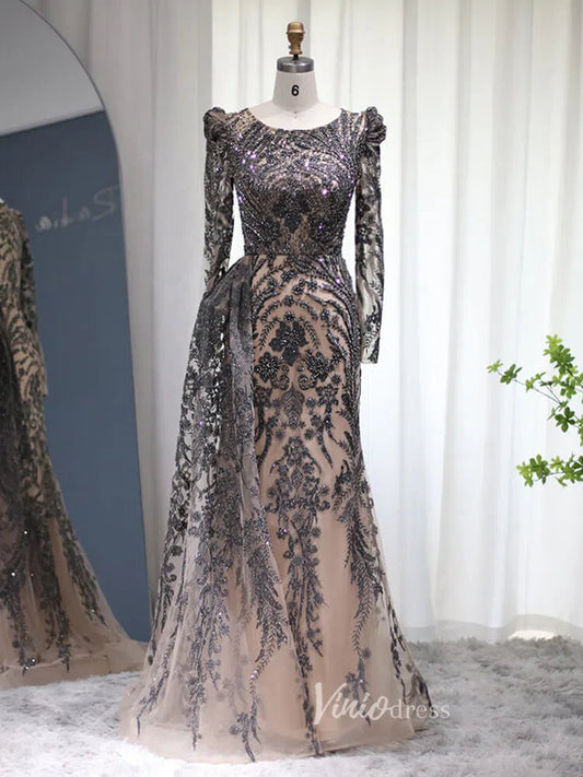 Prom Dress 2025 Beaded Black Lace Evening Dress Long Sleeve Mother of the Bride Dresses 20087-unique prom dresses-Black-US 2-Viniodress