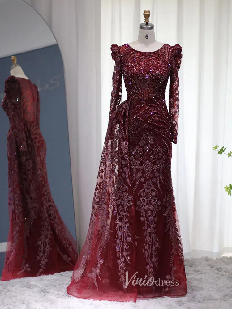 Prom Dress 2025 Beaded Black Lace Evening Dress Long Sleeve Mother of the Bride Dresses 20087-unique prom dresses-Burgundy-US 2-Viniodress