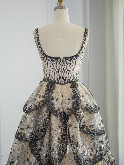 Beaded Black Layered Prom Dresses Champagne Square Neck Evening Gown 20099-Evening Dresses 2025 -Viniodress-Black-US 2-