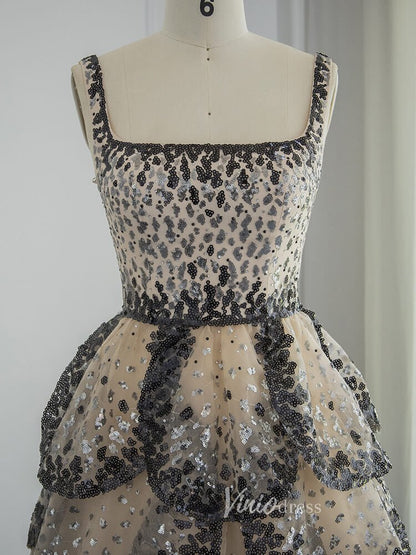 Beaded Black Layered Prom Dresses Champagne Square Neck Evening Gown 20099-Evening Dresses 2025 -Viniodress-Black-US 2-