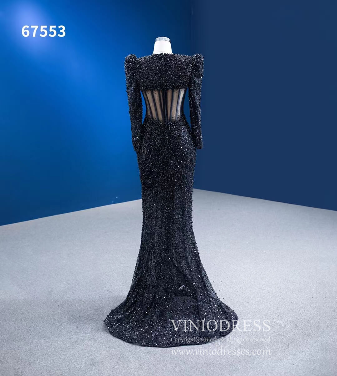 Beaded Black Mermaid Formal Evening Dresses Long Sleeve Pageant Gowns 67553-prom dresses 2025 -Viniodress-Black-Custom Size-