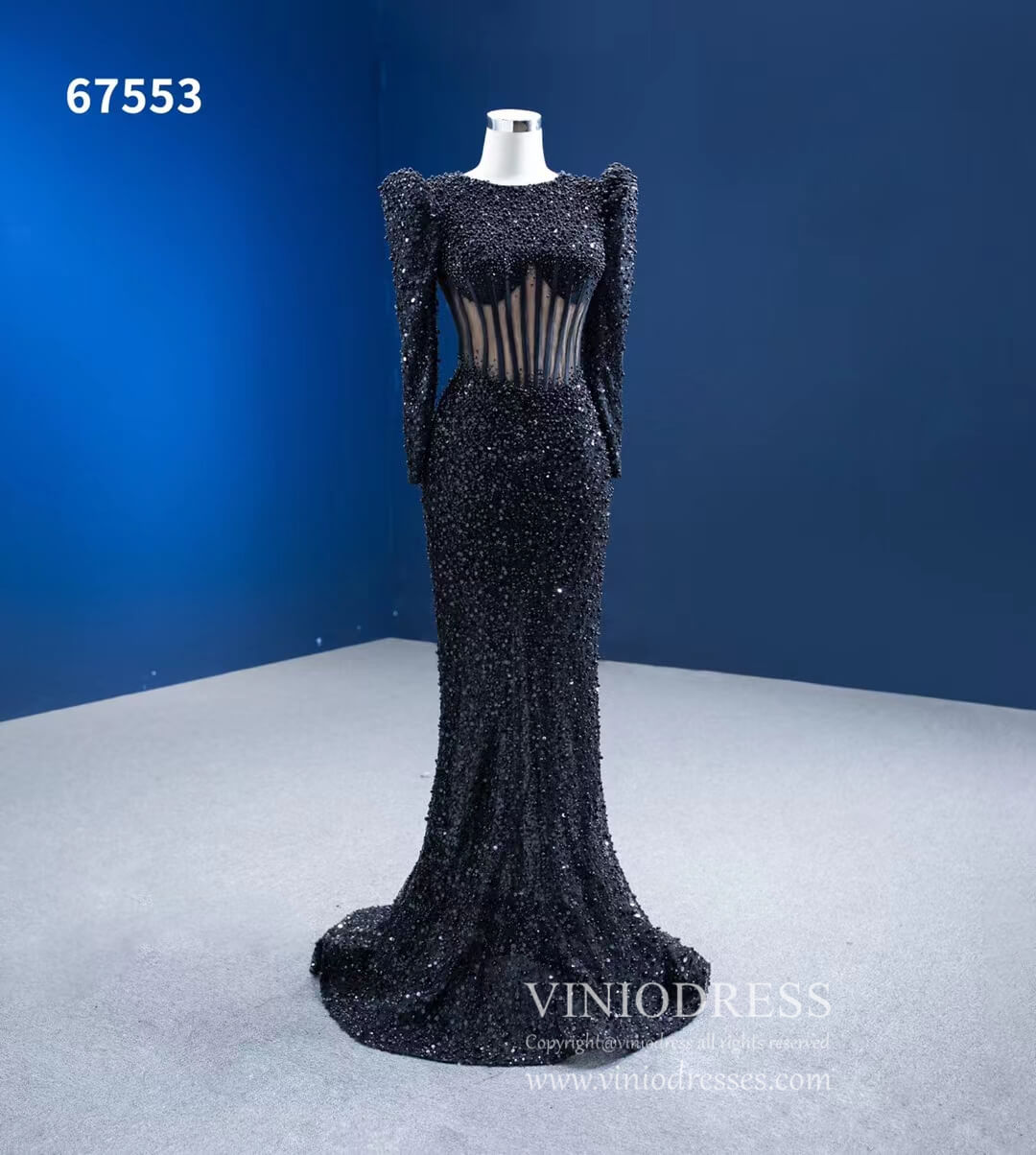 Beaded Black Mermaid Formal Evening Dresses Long Sleeve Pageant Gowns 67553-prom dresses 2025 -Viniodress-Black-Custom Size-