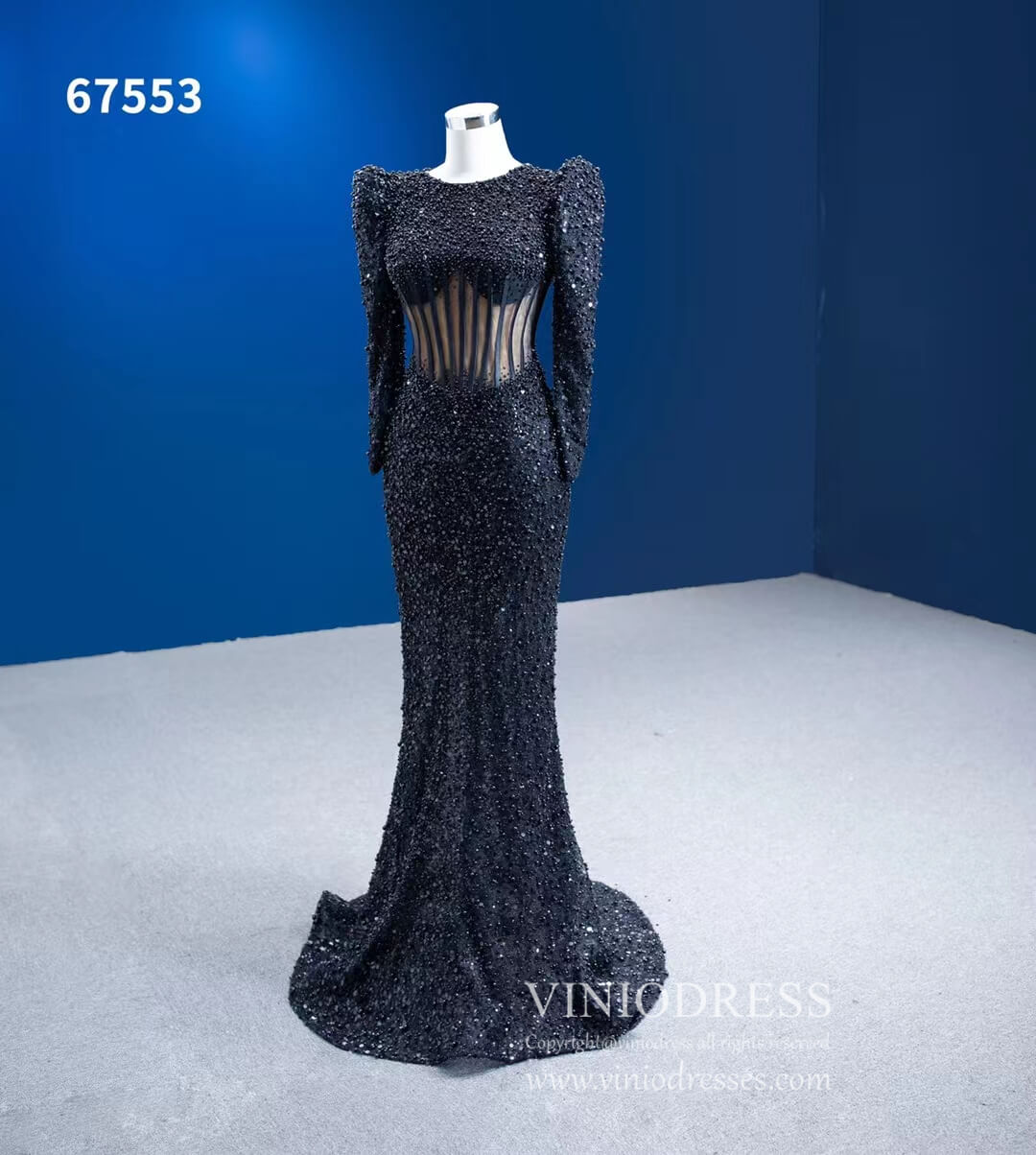 Beaded Black Mermaid Formal Evening Dresses Long Sleeve Pageant Gowns 67553-prom dresses 2025 -Viniodress-Black-Custom Size-