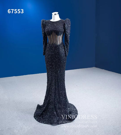 Beaded Black Mermaid Formal Evening Dresses Long Sleeve Pageant Gowns 67553-prom dresses 2025 -Viniodress-Black-Custom Size-