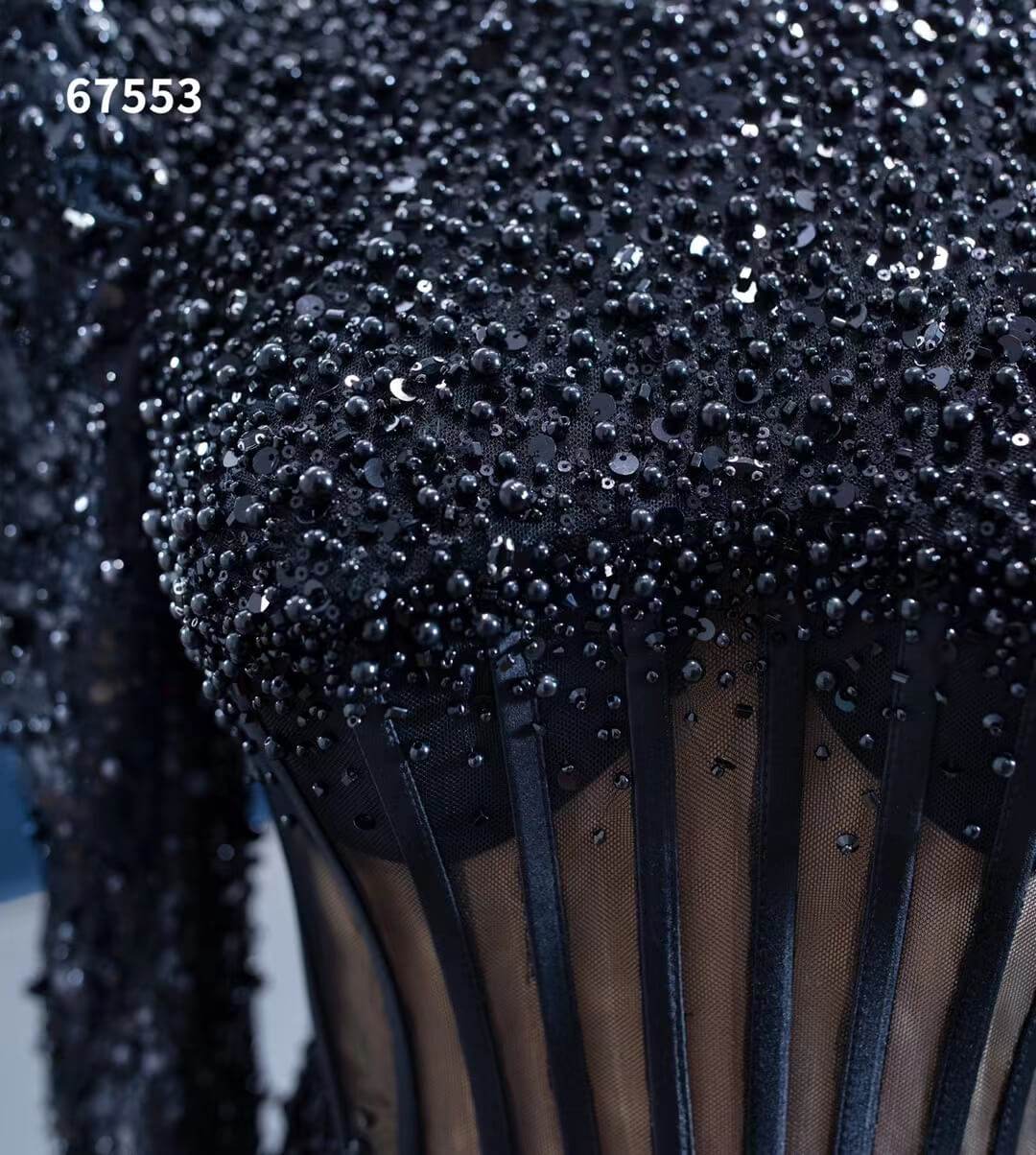 Beaded Black Mermaid Formal Evening Dresses Long Sleeve Pageant Gowns 67553-prom dresses 2025 -Viniodress-Black-Custom Size-