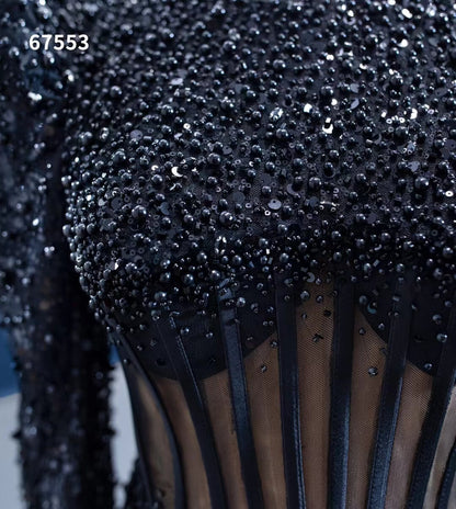 Beaded Black Mermaid Formal Evening Dresses Long Sleeve Pageant Gowns 67553-prom dresses 2025 -Viniodress-Black-Custom Size-
