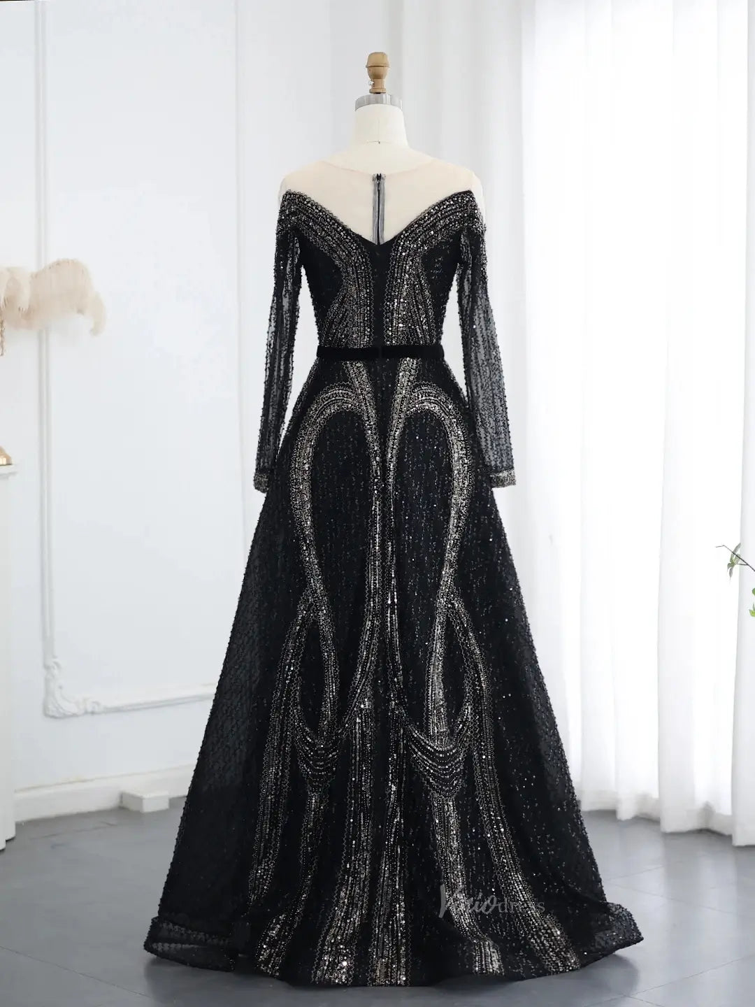 Beaded Black Prom Dresses Long Sleeve A-line Mafia Formal Dresses BD010-Evening Dresses 2025 -Viniodress-Black-US 2-