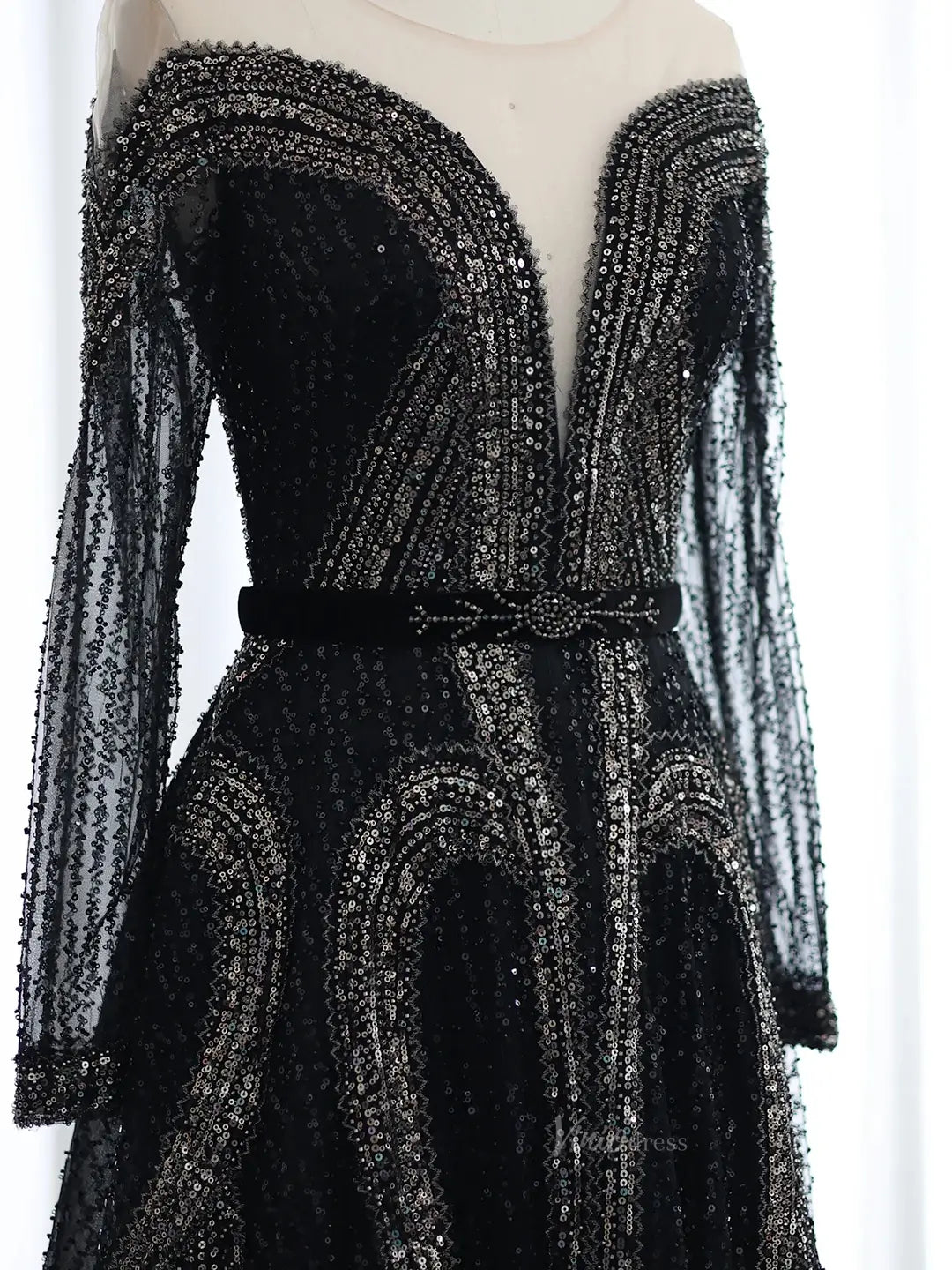 Beaded Black Prom Dresses Long Sleeve A-line Mafia Formal Dresses BD010-Evening Dresses 2025 -Viniodress-Black-US 2-