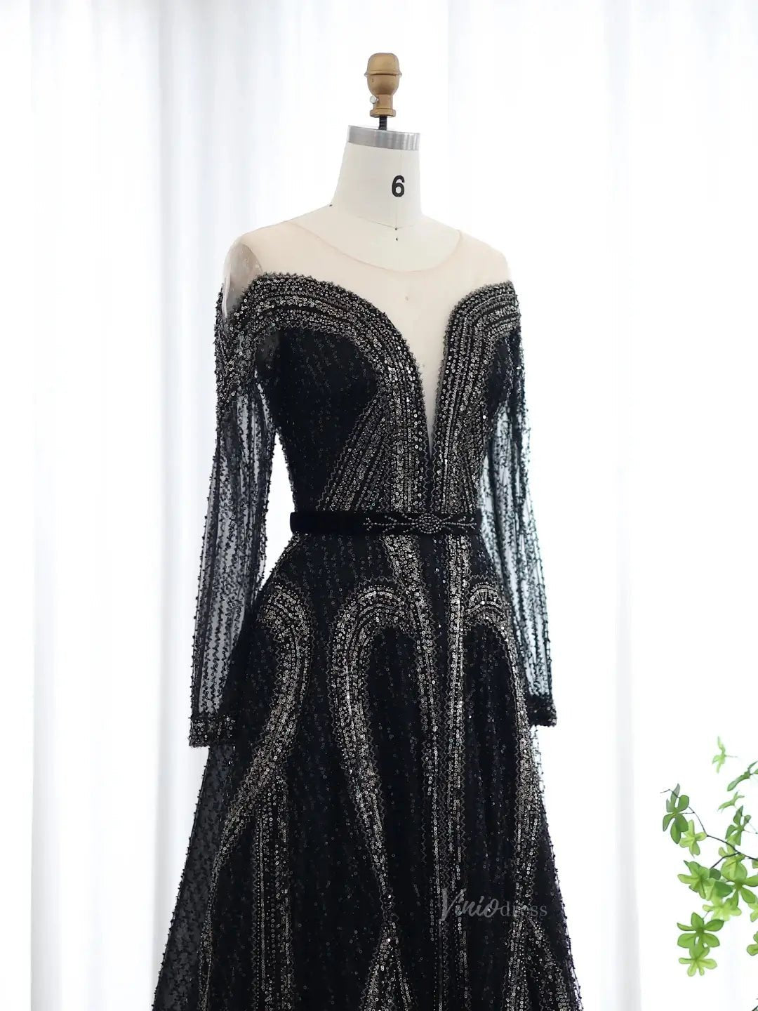 Beaded Black Prom Dresses Long Sleeve A-line Mafia Formal Dresses BD01 Viniodress Beaded Black Prom Dresses Long Sleeve A-line Mafia Formal Dresses BD01 Viniodress