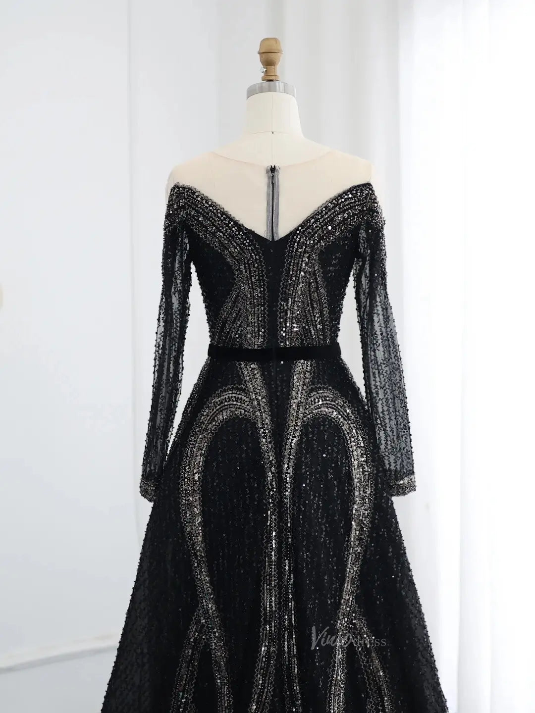 Beaded Black Prom Dresses Long Sleeve A-line Mafia Formal Dresses BD010-Evening Dresses 2025 -Viniodress-Black-US 2-